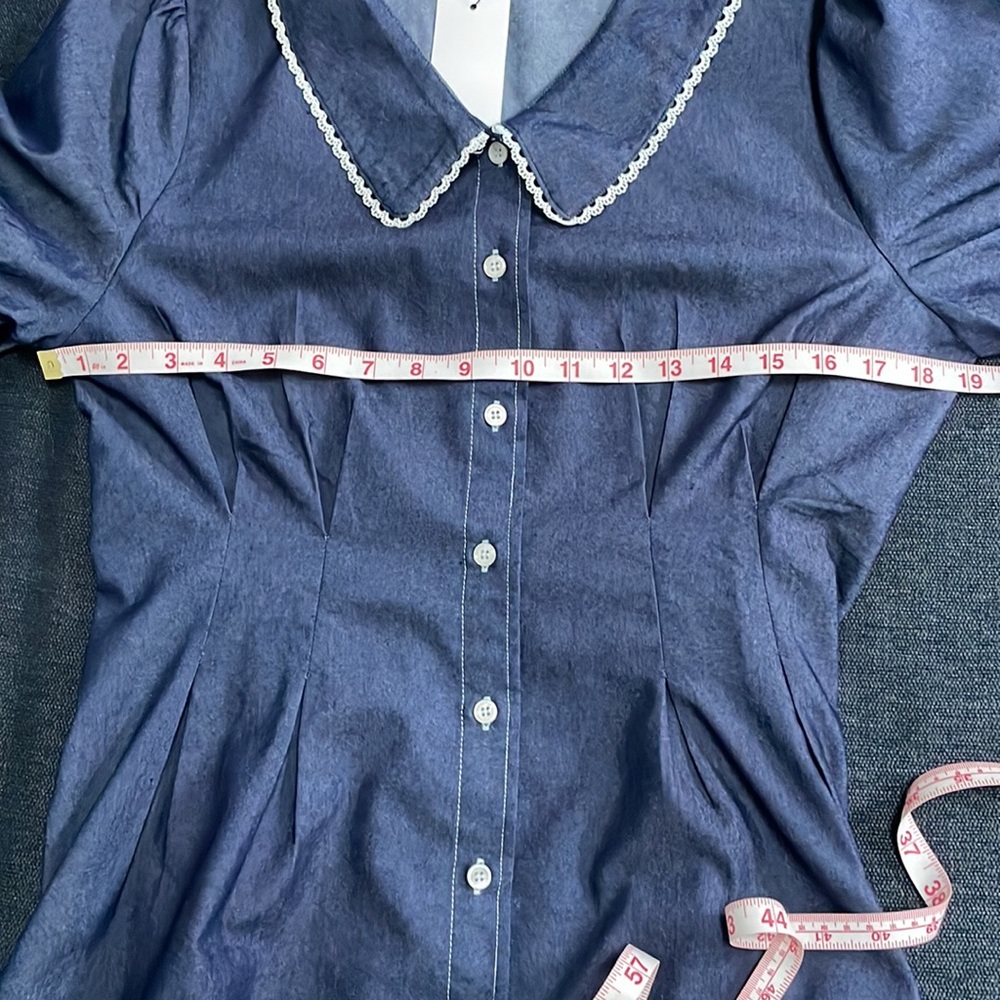 ALLEGRA K DENIM PUFF SLEEVE BUTTON FRONT FLARE A-LINE MINI DRESS - Picture 10 of 14